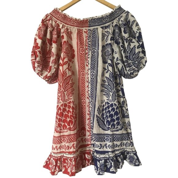 Farm Rio Mixed Pineapple Garden Off Shoulder Mini Dress S Pockets Puff Sleeves - Picture 9 of 16